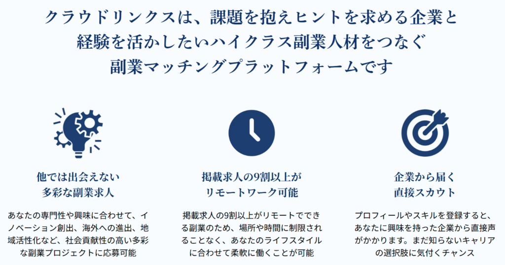 クラウドリンクスの特徴(多彩な副業求人・リモート可能・直接スカウト)