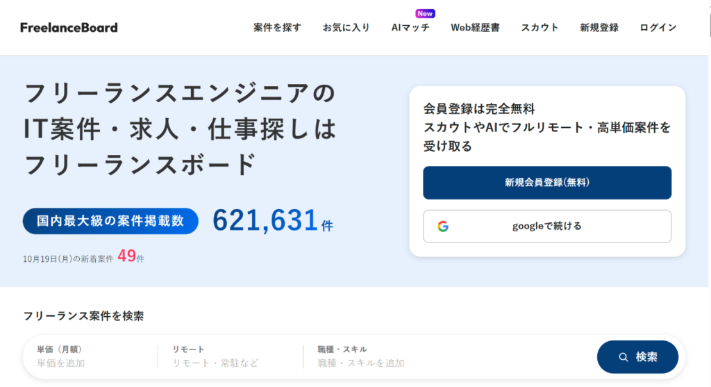 フリーランスボード公式サイトのトップ画面