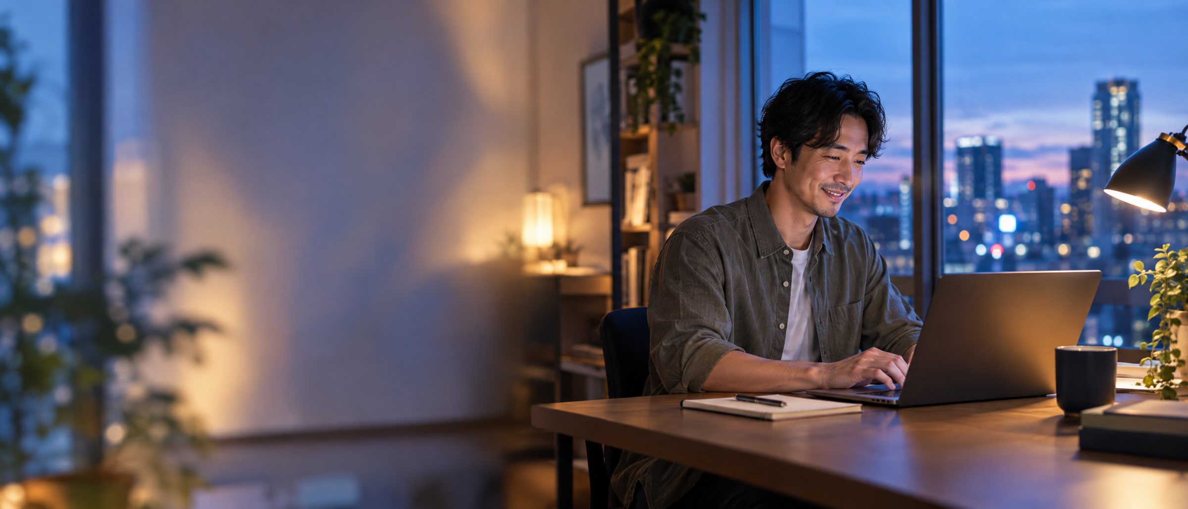 仕事のあと自宅で副業に取り組む会社員