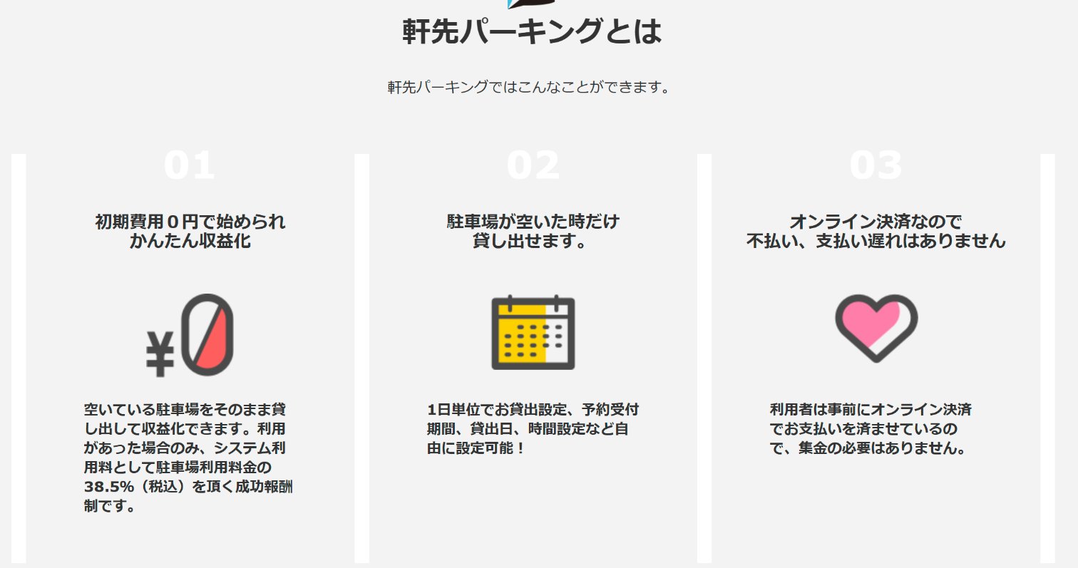 軒先パーキングのオーナー向け特徴(システム利用料38.5%・1日単位の貸出・オンライン決済)