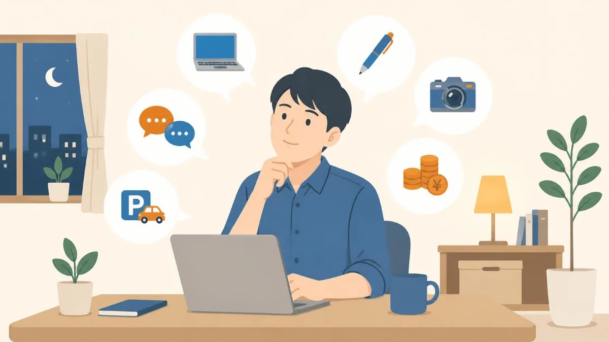 自宅のデスクで副業について考える会社員のイラスト