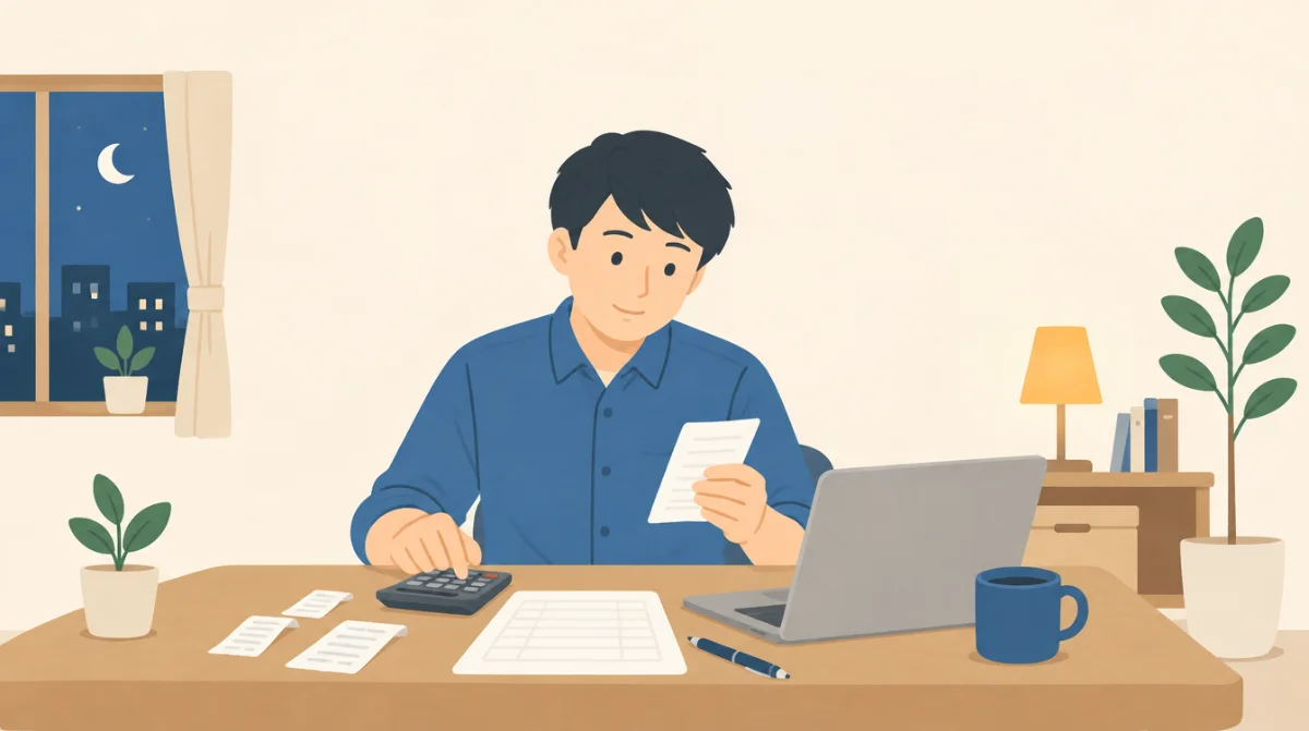 自宅のデスクで電卓と領収書を使って副業の税金を確認する会社員のイラスト
