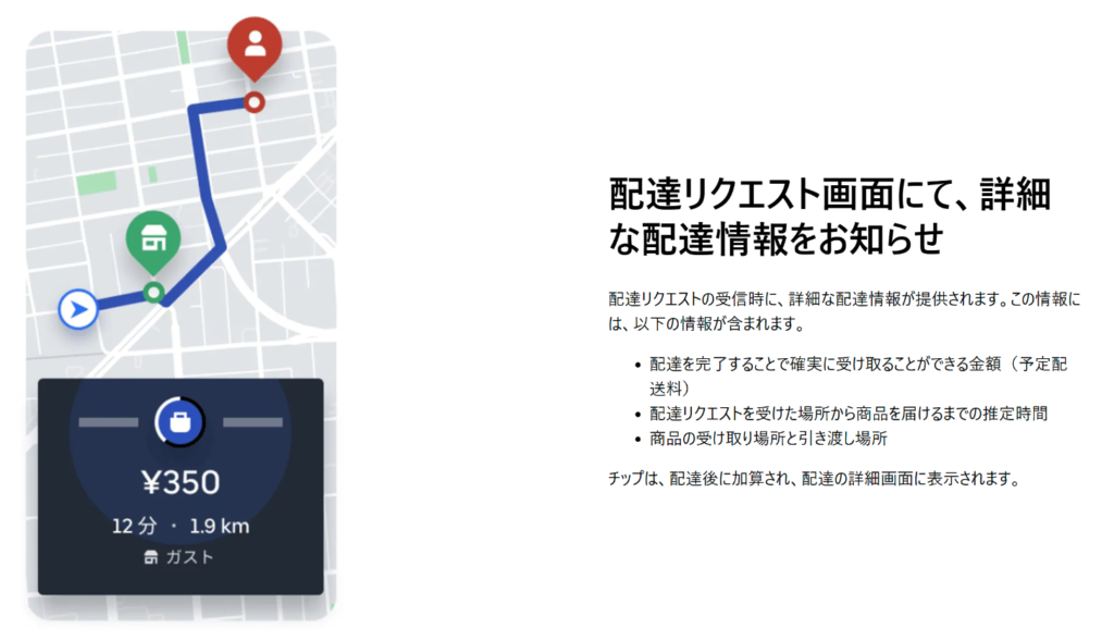 Uber Eatsの配達リクエスト画面で表示される予定配送料・推定時間などの説明